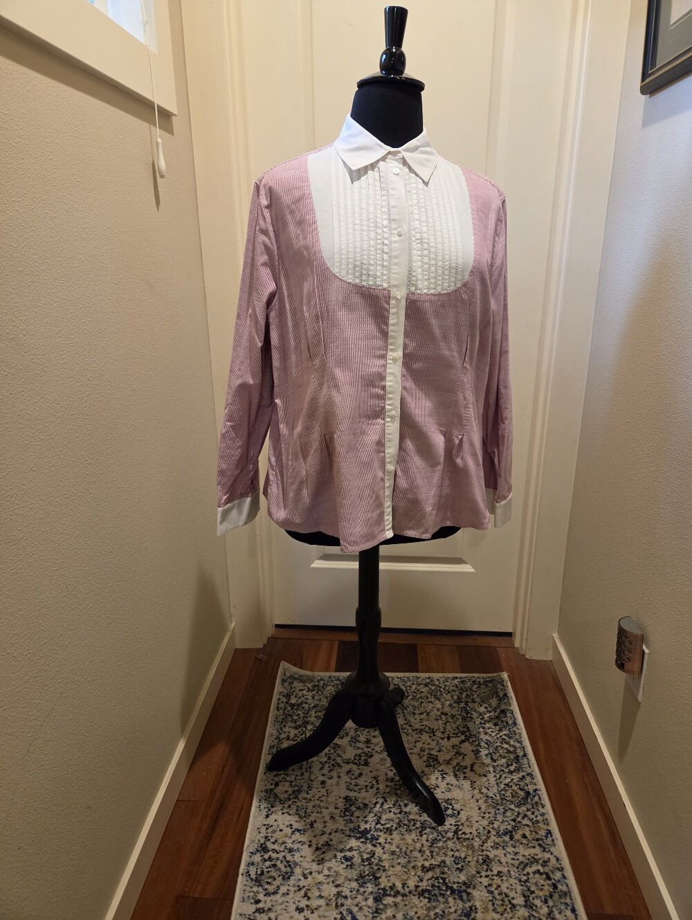 Jones New York Women's Pink and White Tuxedo- Pleat Bib Button-Up Blouse